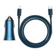 Baseus Golden Contactor Pro autós töltő, USB + USB-C, QC4.0 +, PD, SCP, 40 W, kék + USB-C - Lightning kábel 1 m, kék