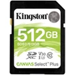KINGSTON CANVAS SELECT PLUS SDXC 512GB CL10 UHS-I U3 V30 (100 MB/s olvasási sebesség)