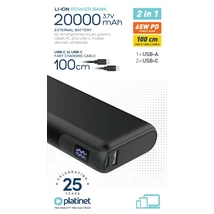 Platinet Power Bank 20000mAh 65W PD QC 2x USB-C LED kijelzővel - fekete