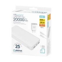 Platinet 20000mAh power bank szett 20W PD töltővel és USB-C kábellel - fehér