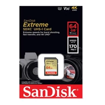 SanDisk Extreme SDXC memóriakártya 64GB Class 10 UHS-I U3 V30 170/80 MB/s - sárga SanDisk Extreme SDXC memóriakártya 64GB Class 10 UHS-I U3 V30 170/80 MB/s - sárga