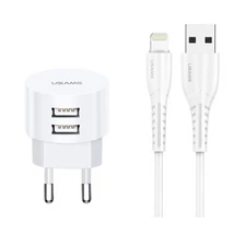 USAMS T20 kerek töltőfej 2XUSB 2.1 Fehér, 1m lightning kábellel