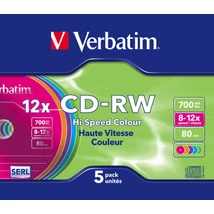 Verbatim CD-RW Colour újraírható színes lemez 12X 700MB - slim tokban (5 db)