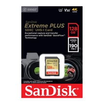 SanDisk Extreme Plus SDXC memóriakártya 128GB Class 10 UHS-I U3 V30 (190/90 MB/s)