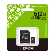 Kingston Canvas Select Plus micro SDXC memóriakártya adapterrel 512GB Class 10 UHS-I U3 V30 A1 (150 MB/s olvasási sebesség)