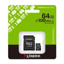 Kingston Canvas Select Plus micro SDXC memóriakártya adapterrel 64GB Class 10 UHS-I U1 V10 A1 (100 MB/s olvasási sebesség)
