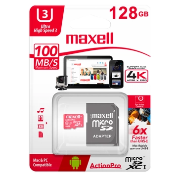 Maxell 128GB Micro SDHC Memóriakártya + Adapter Class10 U3 (100Mb/s) 