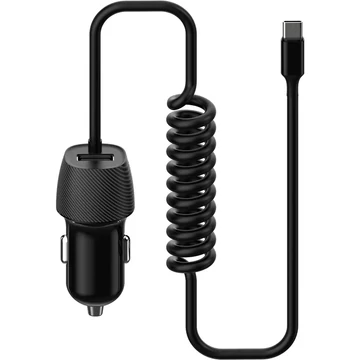 Platinet autós töltő beépített USB Type-C csavart kábellel + USB aljzat 3,4A - fekete