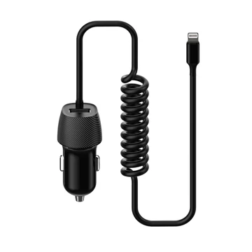 Platinet autós töltő beépített Lightning csavart kábellel + USB aljzat 3,4A - fekete