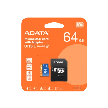 ADATA PREMIER MICRO SDXC + ADAPTER 64GB CL10 UHS-I U1 V10 A1 (100 MB/s olvasási sebesség)