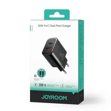 Joyroom töltőfej 20W Dual USB [USB-A és USB-C], Fekete  + USB-C–USB-C 1m kábel