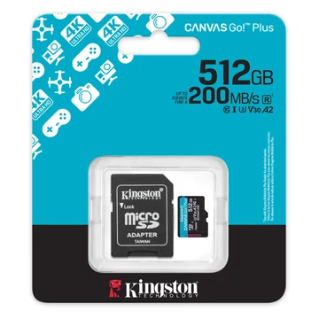 Kingston Canvas Go Plus microSDXC 512GB UHS-I A2, U3, Class 10 memóriakártya (200/160 MB/s) + adapter