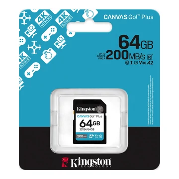 Kingston Canvas Go Plus SDXC memóriakártya 64GB CL10 UHS-I U3 V30 (200 MB/s olvasási sebesség)