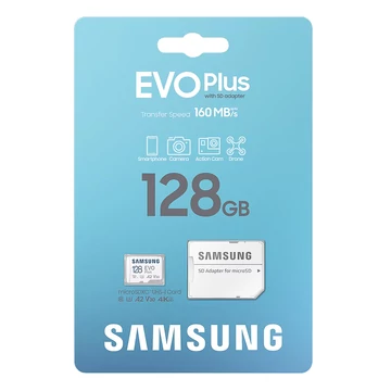 Samsung EVO Plus Micro SDXC memóriakártya 128GB Class 10 UHS-I 160MB/s olvasási sebességgel + SD adapter