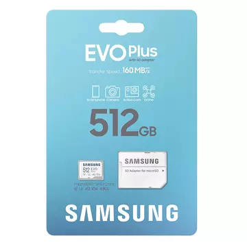 SAMSUNG EVO PLUS MICRO SDXC + ADAPTER 512GB CL10 UHS-I (160 MB/s olvasási sebesség)