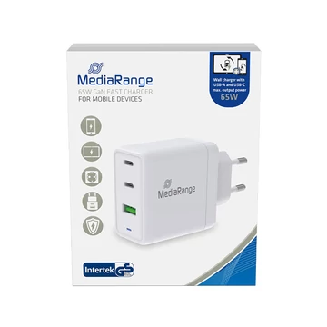 Mediarange töltőfej 65W Fast charger [2x USB-C és 1x USB-A], Fehér