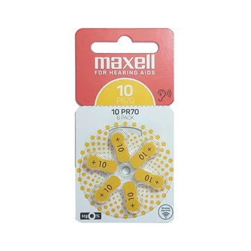 Maxell Zinc Air PR70 (10) hallókészülék gombelem 1,45V - sárga (6 db/csomag)