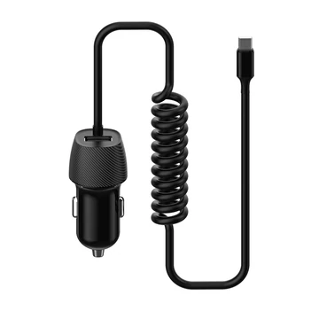 Platinet autós töltő beépített USB Micro spirálkábellel + USB aljzat 3,4A - fekete