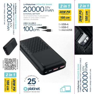 Platinet Power Bank PD 22,5W QC [20000mAh] Fekete