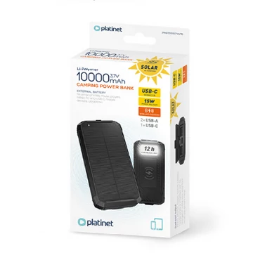Platinet Camping Power Bank 10000mAh napelemes vezeték nélküli töltő 15W beépített zseblámpa - fekete