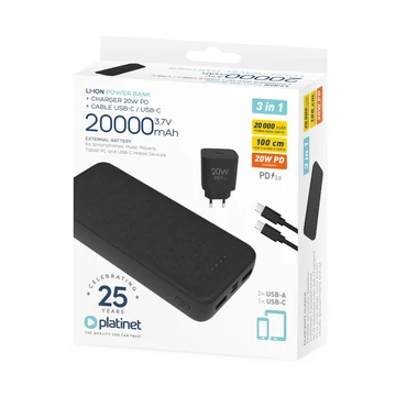 Platinet power bank 20000mAh 20W PD töltővel és USB-C kábellel - fekete
