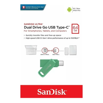 SANDISK ULTRA DUAL DRIVE GO PENDRIVE 64GB USB 3.1+ Type C Zöld