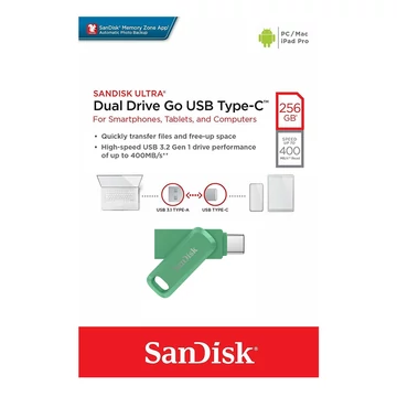 SANDISK ULTRA DUAL DRIVE GO PENDRIVE 256GB USB 3.1 [400MB/s] + Type C Zöld