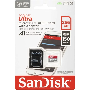 SanDisk Ultra Micro SDXC + Adapter 256GB CL10 UHS-I U1 (150 MB/s olvasási sebesség)