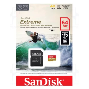 SanDisk Extreme 64GB Micro SDXC U3 V30 memóriakártya adapterrel 170/80 MB/s