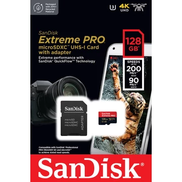 SanDisk Extreme Pro 128GB Micro SDXC U3 V30 memóriakártya adapterrel (200/90 MB/s)