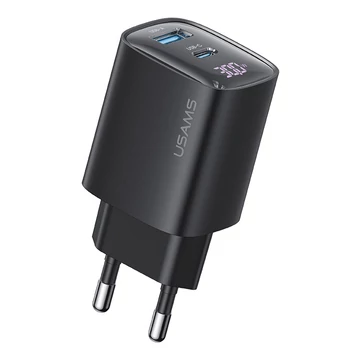 USAMS CC229 hálózati töltő USB+Type-C aljzat 30W, GaN, PD gyorstöltő, LED kijelző Fekete