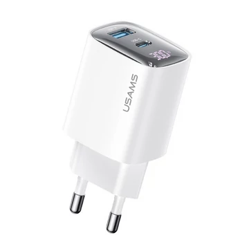 USAMS CC229 hálózati töltő USB+Type-C aljzat 30W, GaN, PD gyorstöltő, LED kijelző FEHÉR