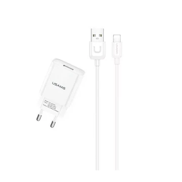 USAMS T21 hálózati töltő 1xUSB csatlakozással 2.1A + Lightning kábel 1m - fehér (T21OCLN01)