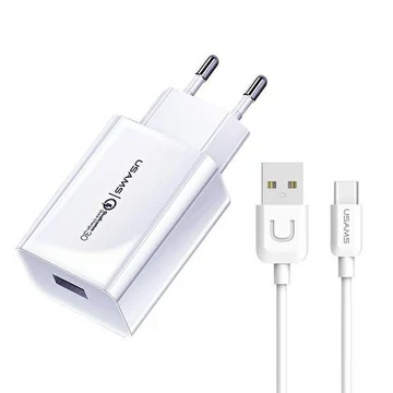 USAMS T48 töltőfej QC 3.0 USB 18W  + Type-c kábel 1m, Fehér, T48OCLN01