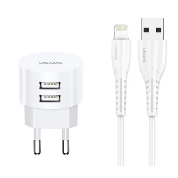 USAMS US-CC080 T20 hálózati töltő 2xUSB csatlakozással 2.1A Lightning kábellel - fehér