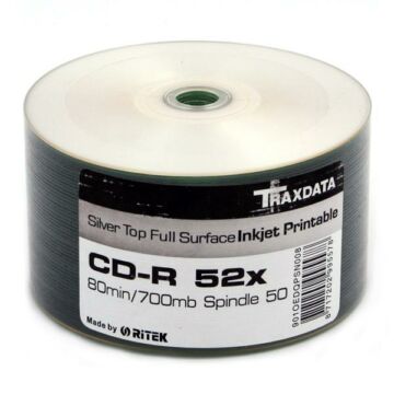 Traxdata CD-R 700Mb 52X Silver Nyomtatható Felületű Lemez - Shrink (50) - 9010EDRPSN002