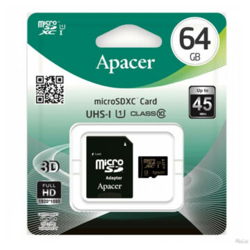 APACER MICRO SDXC + ADAPTER 64GB CL10 UHS-I U1 (45 MB/s olvasási sebesség)