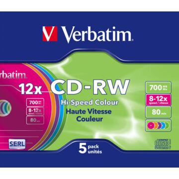 Verbatim CD-RW Colour 12X Lemez - Slim Tokban (5) - 43167