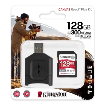 KINGSTON CANVAS REACT PLUS SDXC + KÁRTYAOLVASÓ 128GB CL10 UHS-II U3 V90 (300 MB/s olvasási sebesség)