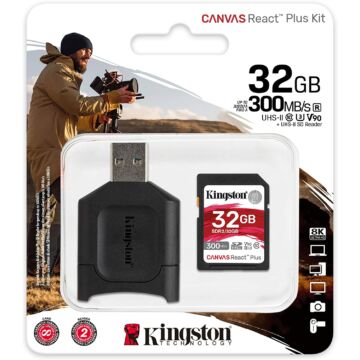 KINGSTON CANVAS REACT PLUS SDXC + KÁRTYAOLVASÓ 64GB CL10 UHS-II U3 V90 (300 MB/s olvasási sebesség)