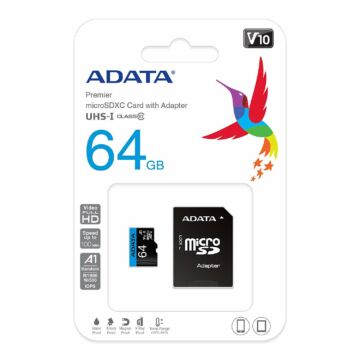 ADATA PREMIER MICRO SDXC + ADAPTER 64GB CL10 UHS-I U1 V10 A1 (100 MB/s olvasási sebesség)