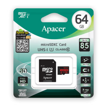 AP64GMCSX10U5-R APACER MICRO SDXC + ADAPTER 64GB CL10 UHS-I U1 (85 MB/s olvasási sebesség)