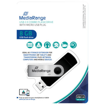 MR930-2 MEDIARANGE Combo PENDRIVE 8GB USB 2.0 + Type-C (OTG) Ezüst-fekete