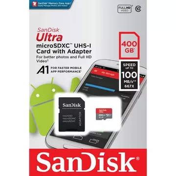SDSQUA4-400G-GN6MA SANDISK ULTRA MICRO SDXC + ADAPTER 400GB CL10 UHS-I U1 A1 (100 MB/s olvasási sebesség)