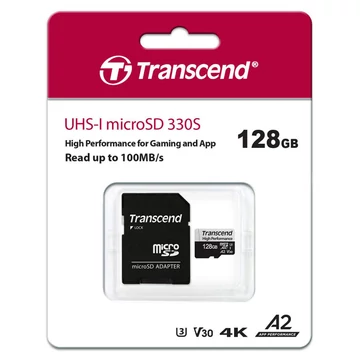 Transcend 128GB Micro SDXC Memóriakártya U3 A2 [100/85MBps]  + Adapter TS128GUSD330S