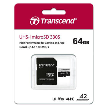 Transcend 64GB Micro SDXC Memóriakártya U3 A2 [100/60MBps]  + Adapter TS64GUSD330S