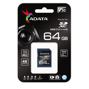ADATA Premier Pro SDXC memóriakártya 64GB Class 10 UHS-I U3 V30 95 MB/s olvasási sebességgel - kék-fekete