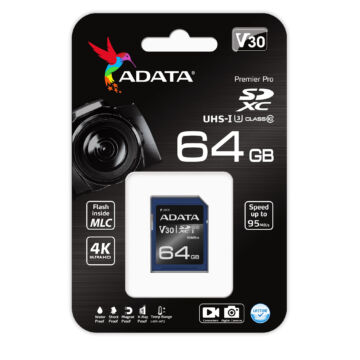 ASDX64GUI3V30S-R ADATA Premier Pro 64GB SDXC Memóriakártya UHS-I U3 (V30S) [95/60MBps]