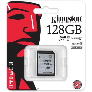 Kingston SDXC 128GB Class 10 UHS-I U1 memóriakártya 45 MB/s olvasási sebességgel - fekete-ezüst (SD10VG2/128GB)