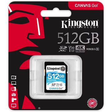 Kingston Canvas Go SDXC memóriakártya 512GB Class 10 UHS-I U3 V30 - fekete-kék